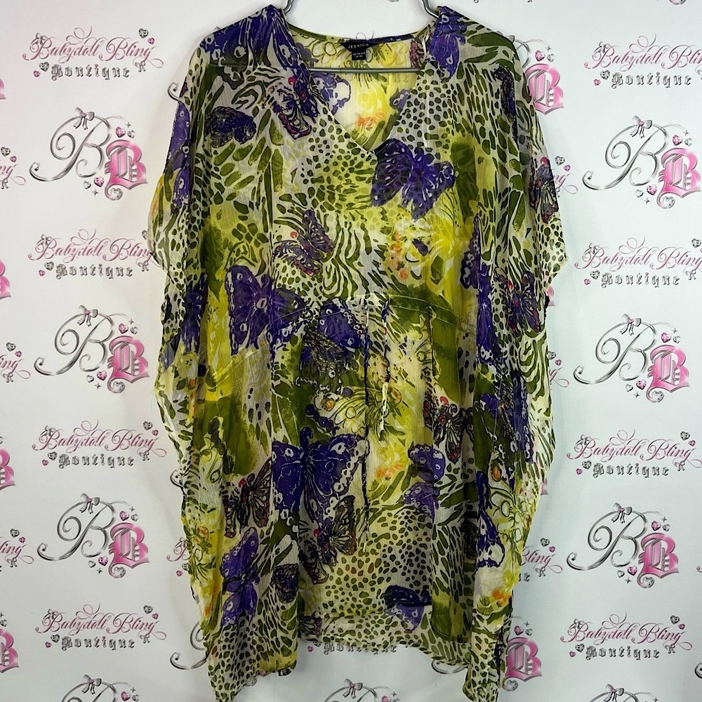 Jessica coverup dress butterfly’s tropical Vibrant Green and Purple Tunic